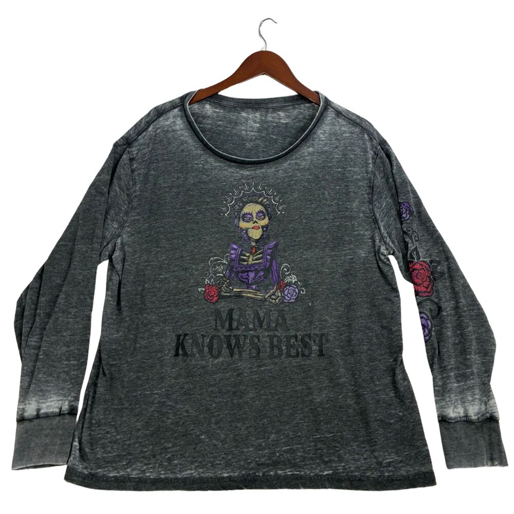 Disney Mama Knows Best Womens XL Long Sleeve Shirt Sugar Skull Floral Gray